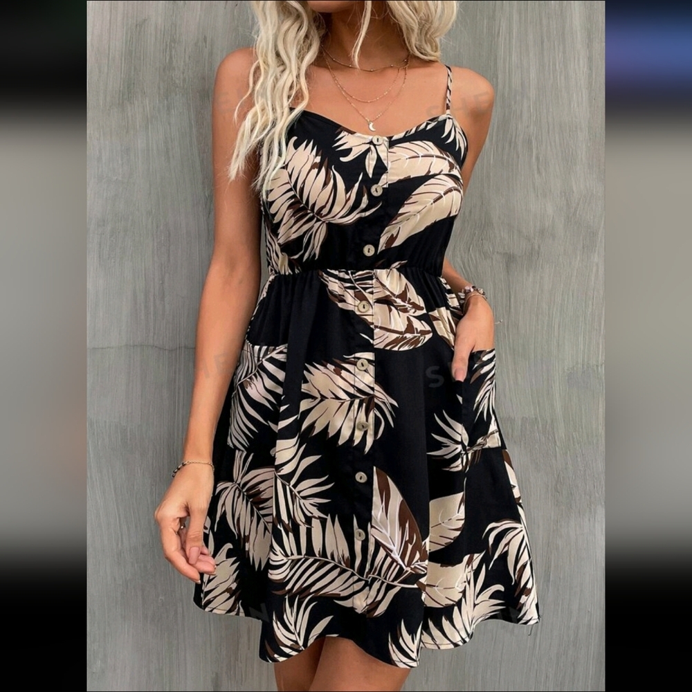 SHEIN VCAY Tropical Print Fake Button Shirred Back Cami Dress NWOT Small